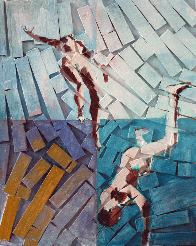 Painting of falling male and female dancers in  chaos of broken wood fragments